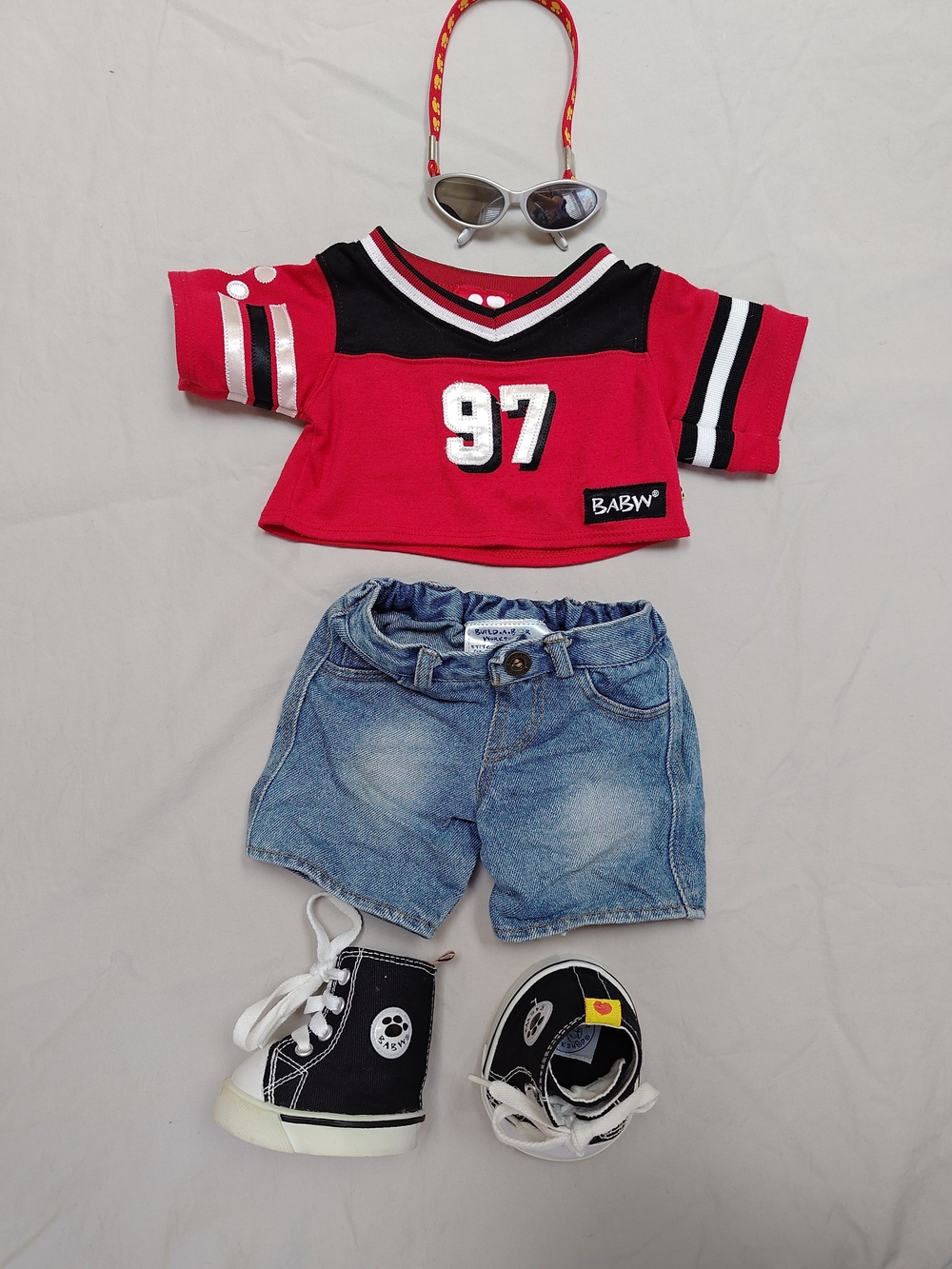 Build a Bear BAB Jersey Outfit W Hi Tops,  Pants, Shoes, Shirt, & Sunglasses